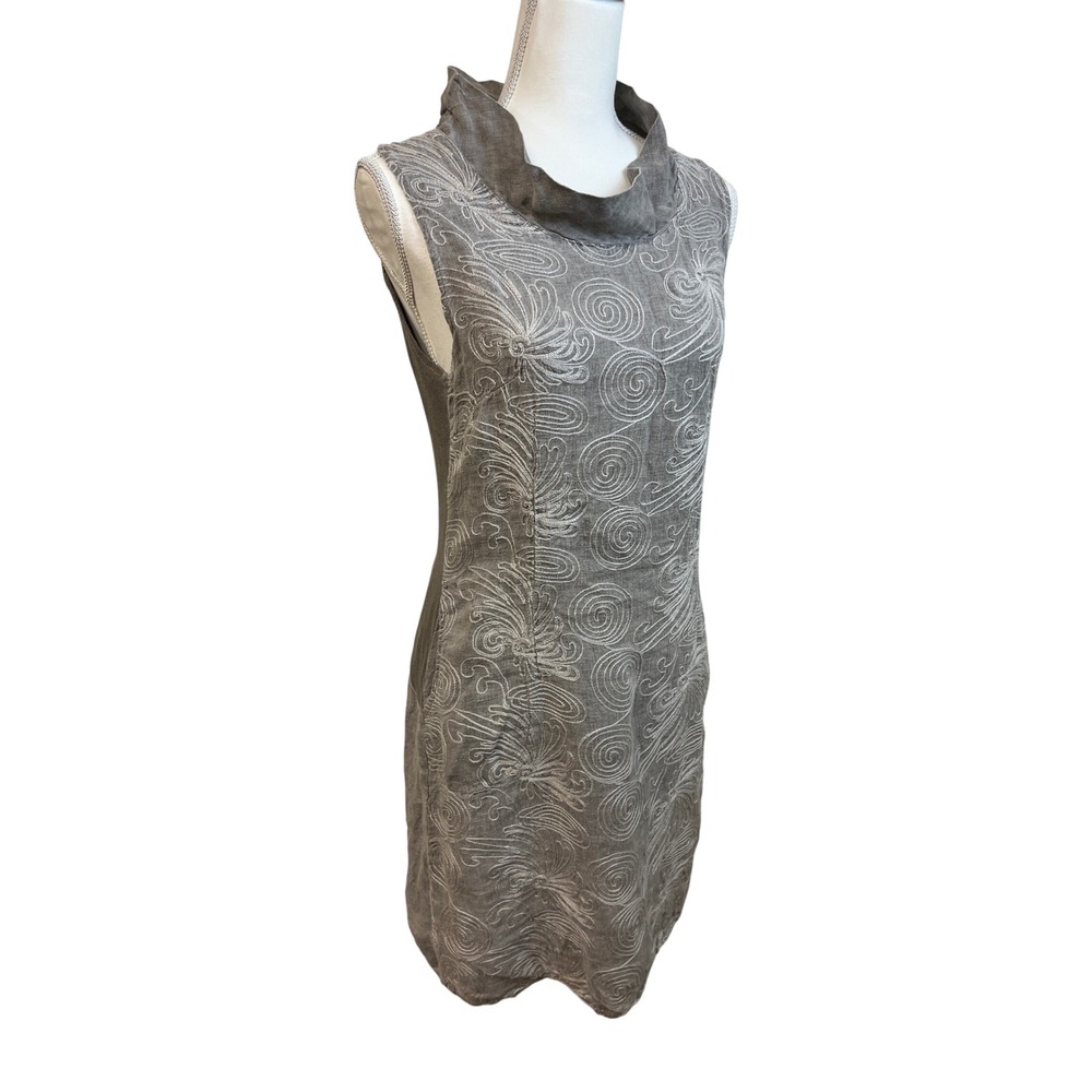 LINA TOMEI  Embroidered Linen‎ Dress Sz M Cowl Neck Italy European Hamptons Chic